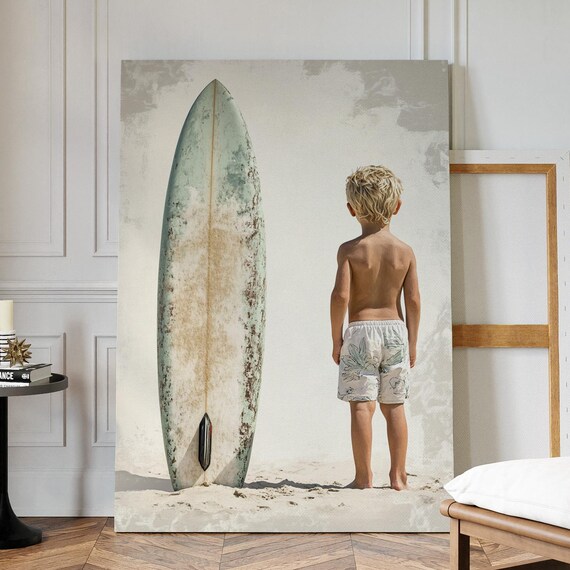Boy with Vintage Surfboard Beach Sand Surf Nursery Wall Poster