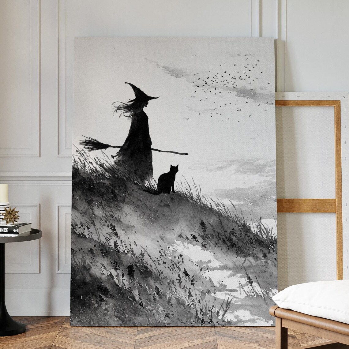 Witch And Black Cat Moonlit Hill Watercolor Gothic Art Poster