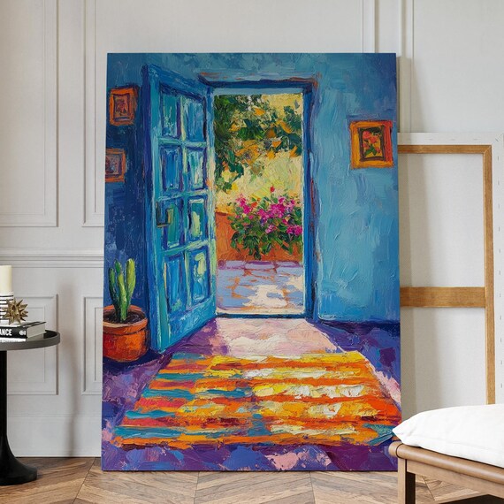 Blue Door Canvas Art With Colorful Rug And Garden View Vibrant Southwestern Wall Decor In Warm Mexican Hacienda Oil Painting Style