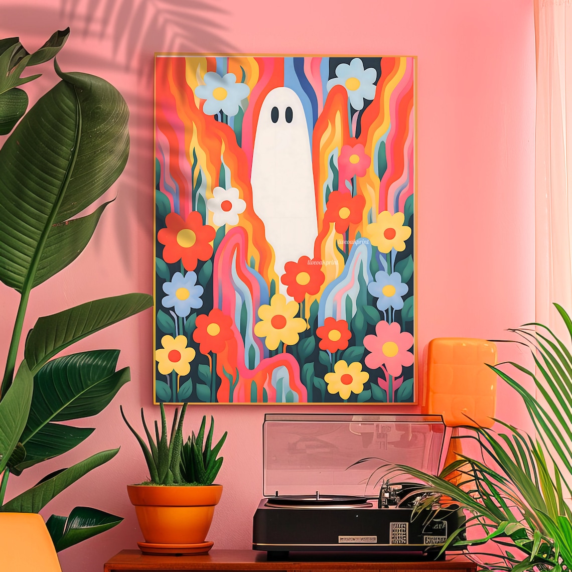 Groovy Retro Flowers and Ghosts Halloween Art Print
