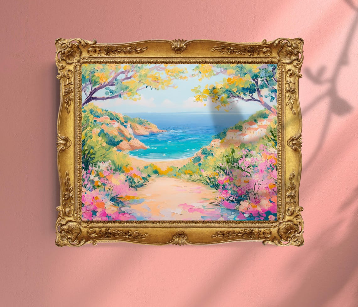 Pastel Mediterranean Cove with Flower Path Coastal Villa Poster