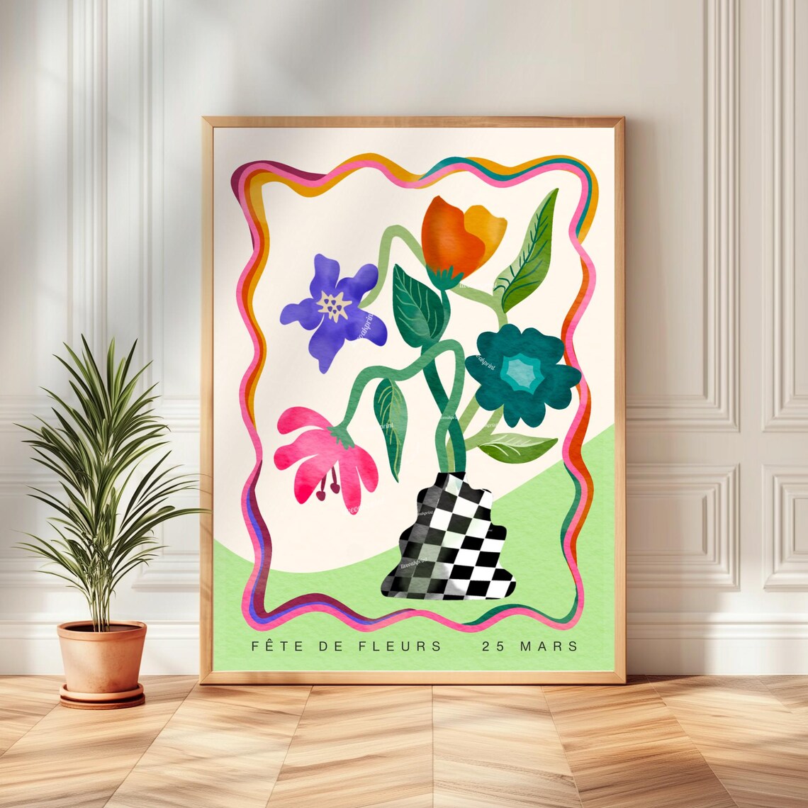 Fete De Fleurs French Flower Festival With Checkerboard Vase Poster