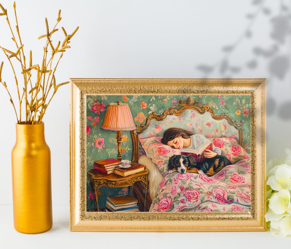 Cozy Reading In Bed With Dog Floral Bedding Vintage Bedroom Poster - Image 3