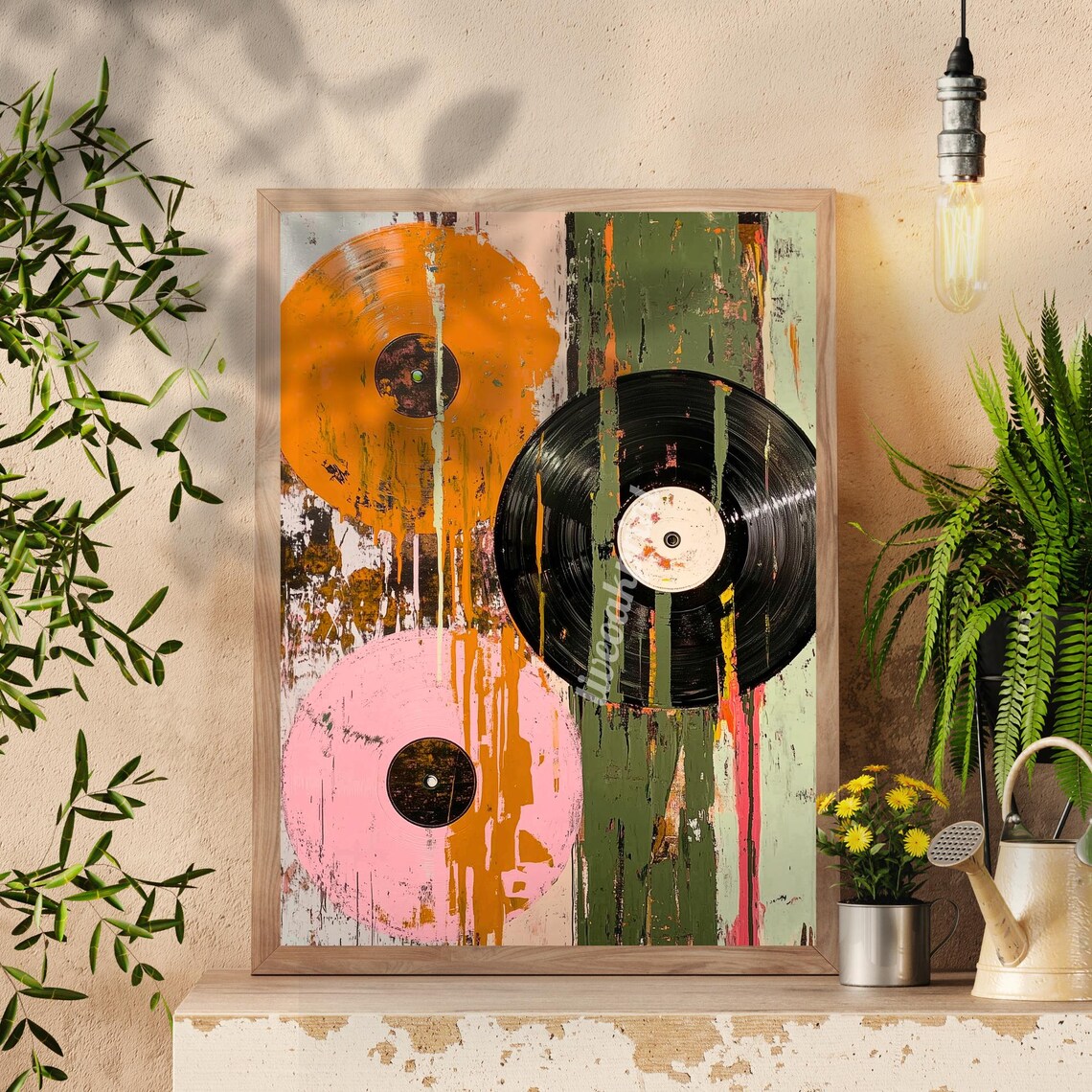 Orange Pink And Black Vinyl Records Painting With Paint Drips Poster - Image 2