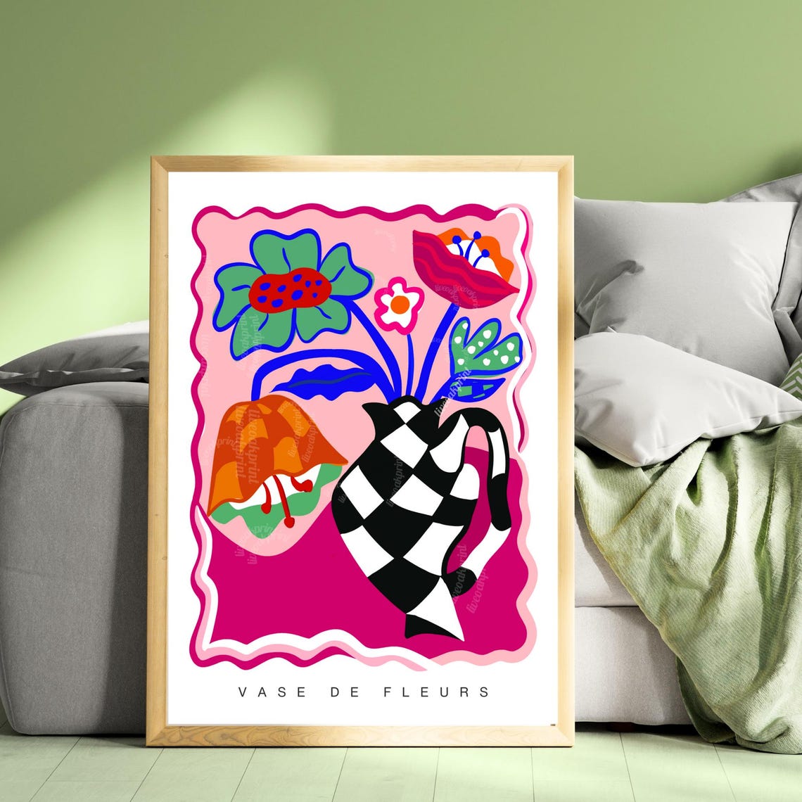 Vase De Fleurs Pink Checkerboard Pitcher With Bold Floral Art Poster - Image 2