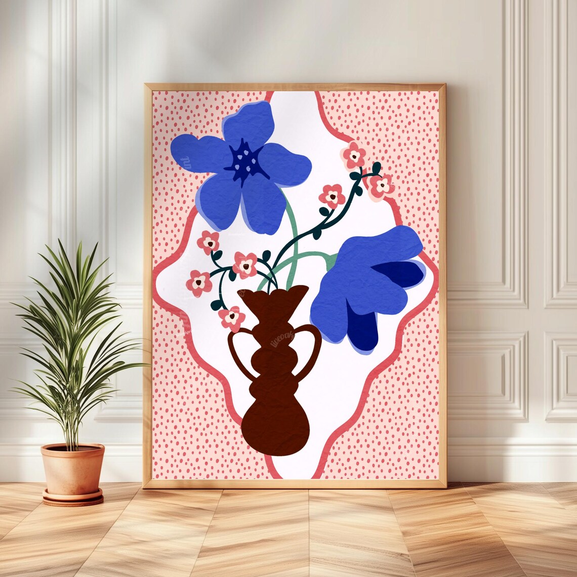 Blue And Pink Folk Art Flowers In Brown Vase On Dotted Pink Poster