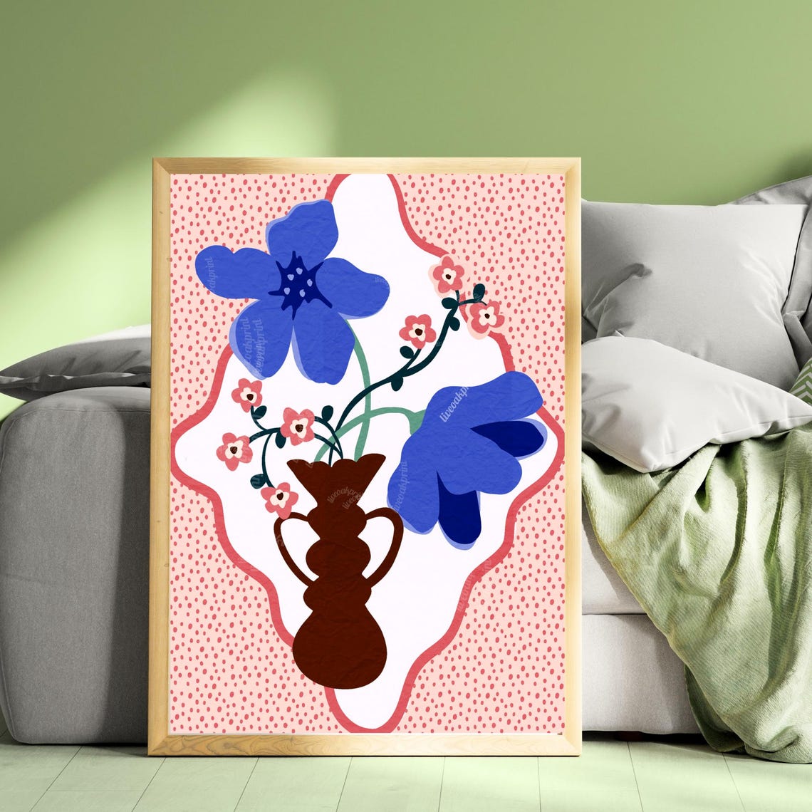 Blue And Pink Folk Art Flowers In Brown Vase On Dotted Pink Poster - Image 3
