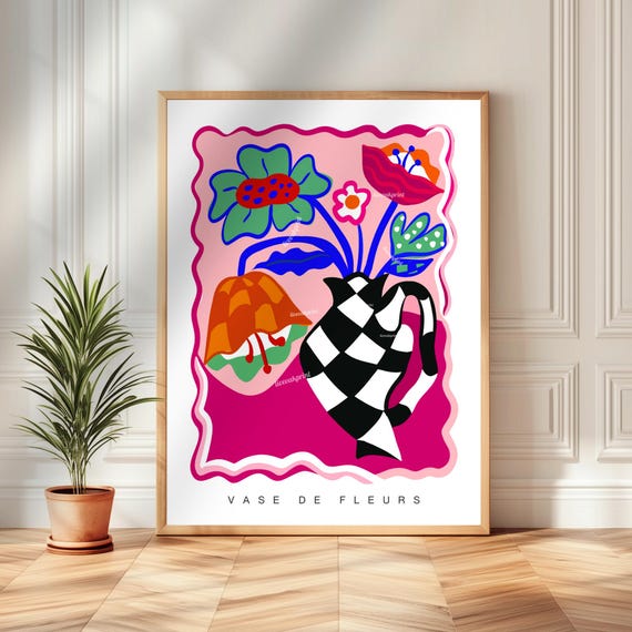 Funky Checkerboard Floral Print Bold Colorful Wall Art Pink Orange Blue Green Decor Eclectic Modern Art Maximalist Vase Print