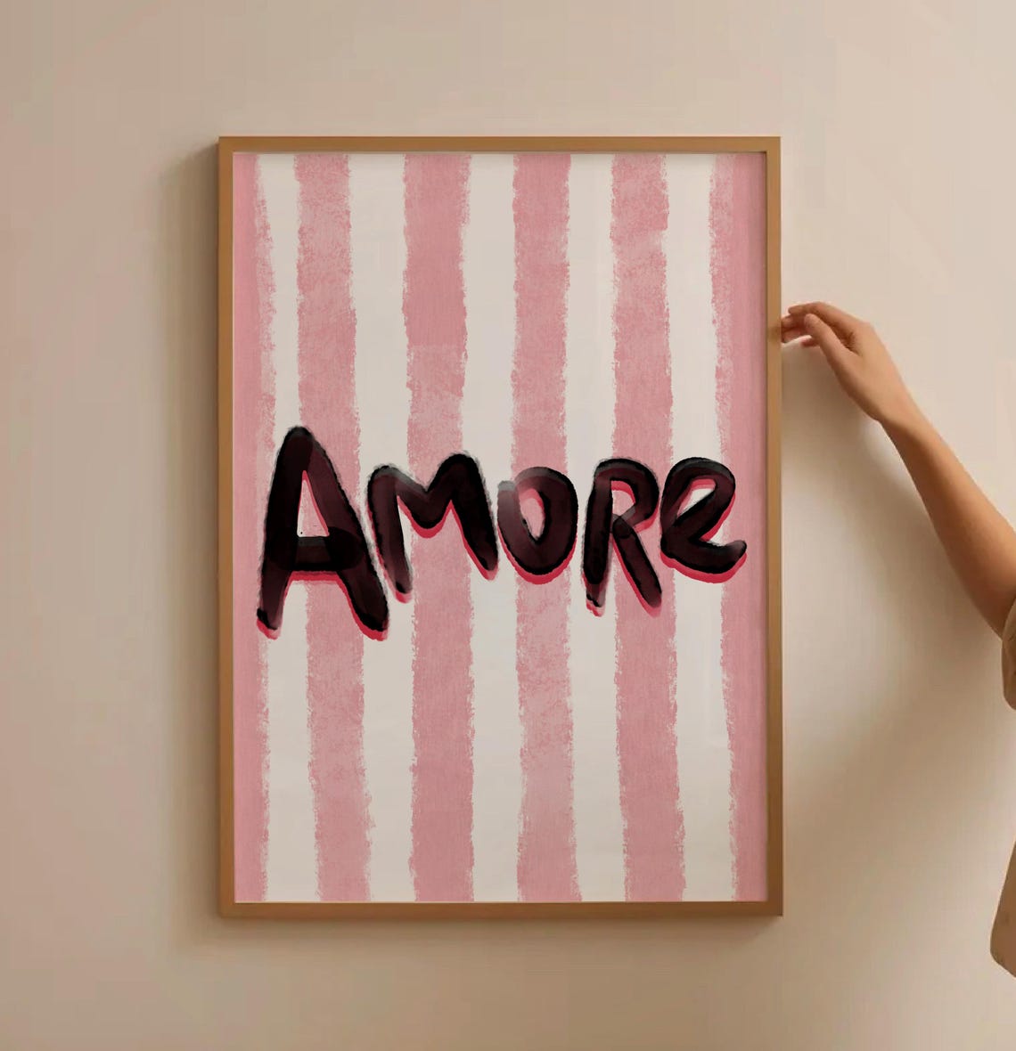 Amore Black Script Love Typography Pink Stripes Decor Poster