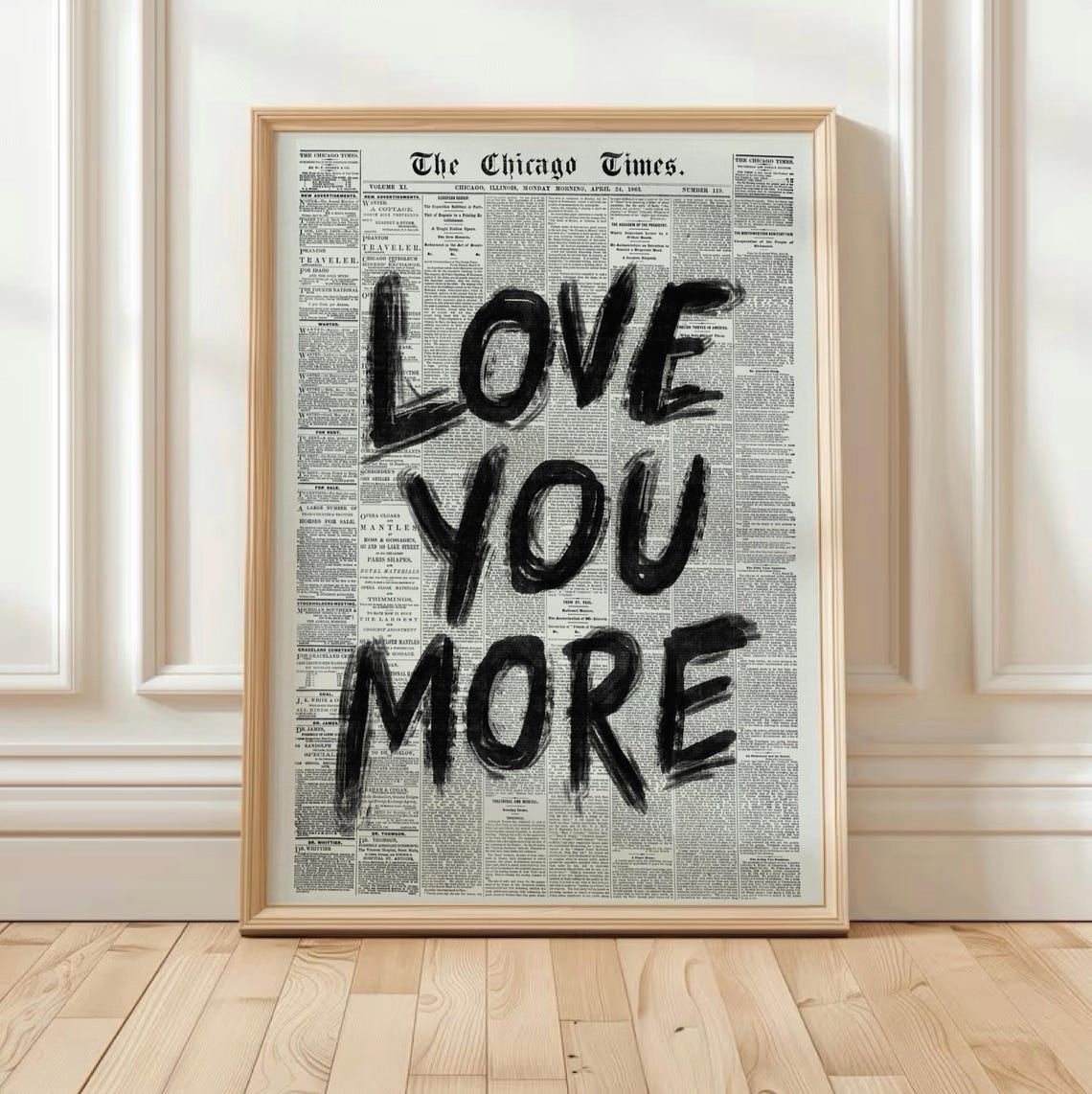 Love You More Bold Black Brush Script Newspaper Collage Poster