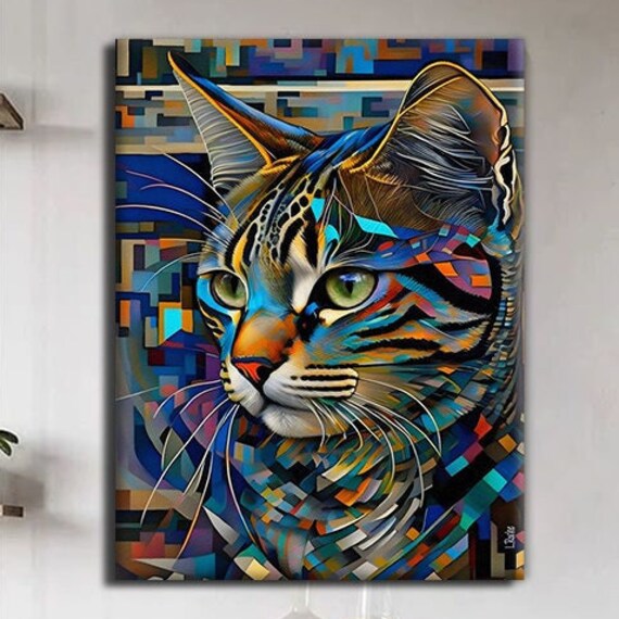 Colorful Mosaic Cat Portrait Geometric Modern Animal Wall Art Print