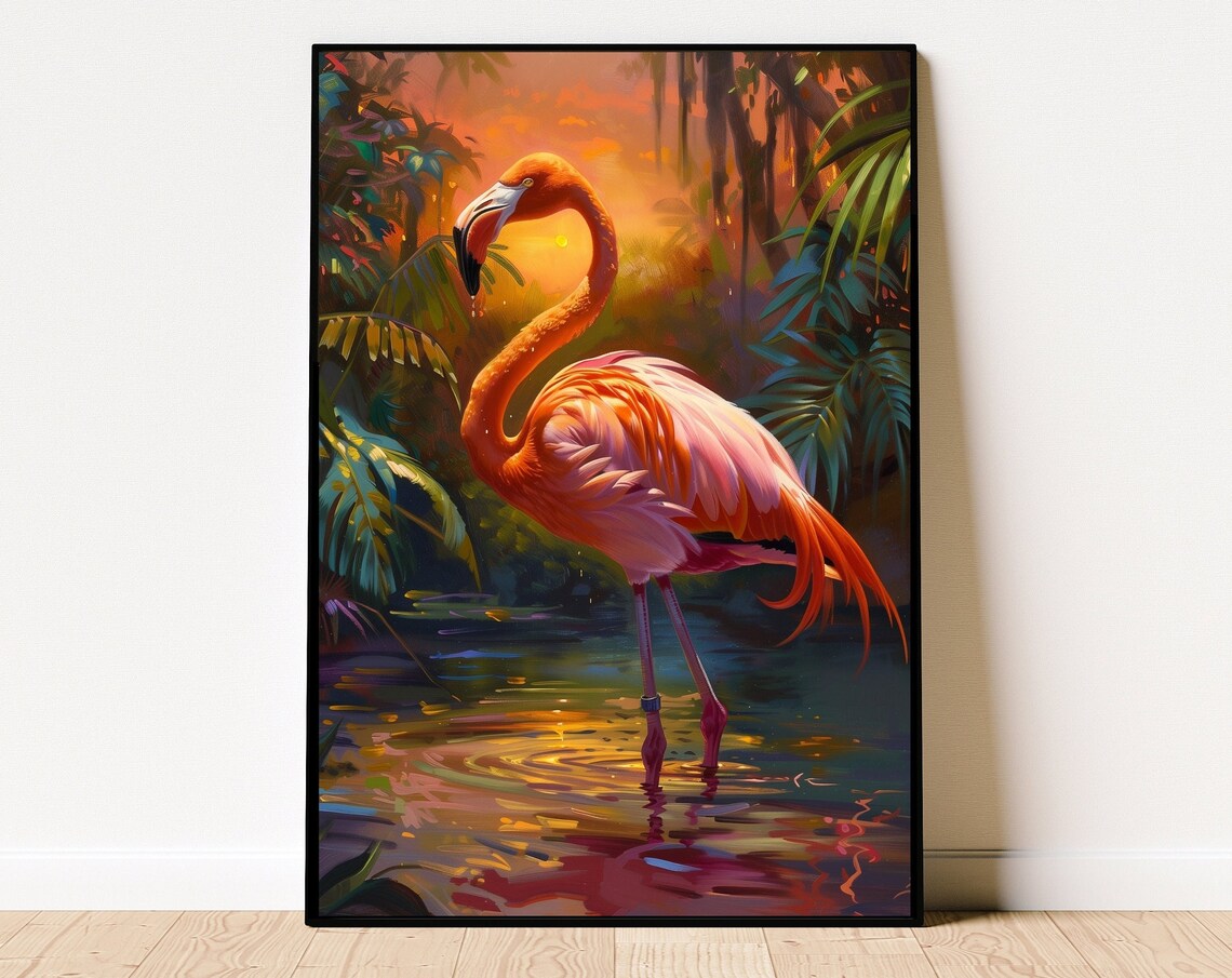 Elegant Pink Flamingo at Sunset in a Lush Tropical Lagoon Poster