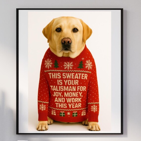Yellow Labrador Christmas Sweater Talisman Joy Money Work Funny Dog Poster