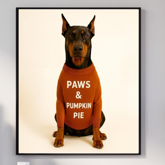 Doberman Fall Wall Art Paws Pumpkin Pie Dog Print Funny Thanksgiving Pet Decor Cozy Autumn Mom Gift