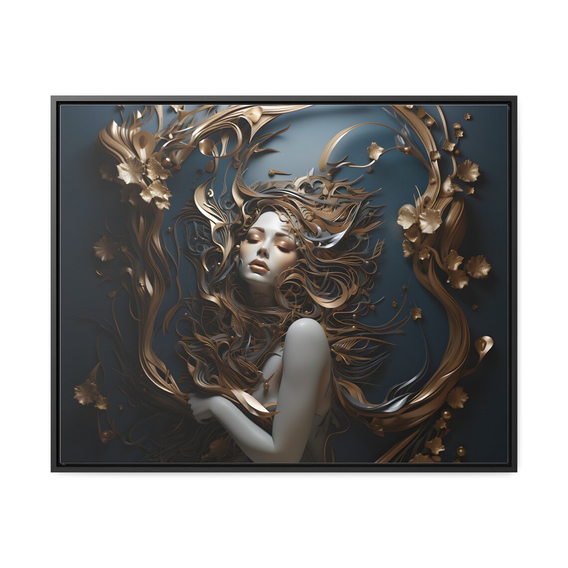 Golden Swirl Fantasy Woman Portrait Metallic 3D Floral Poster