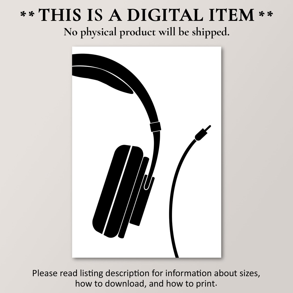 Minimalist Headphones Illustration Black on White Music Poster Art - Image 2