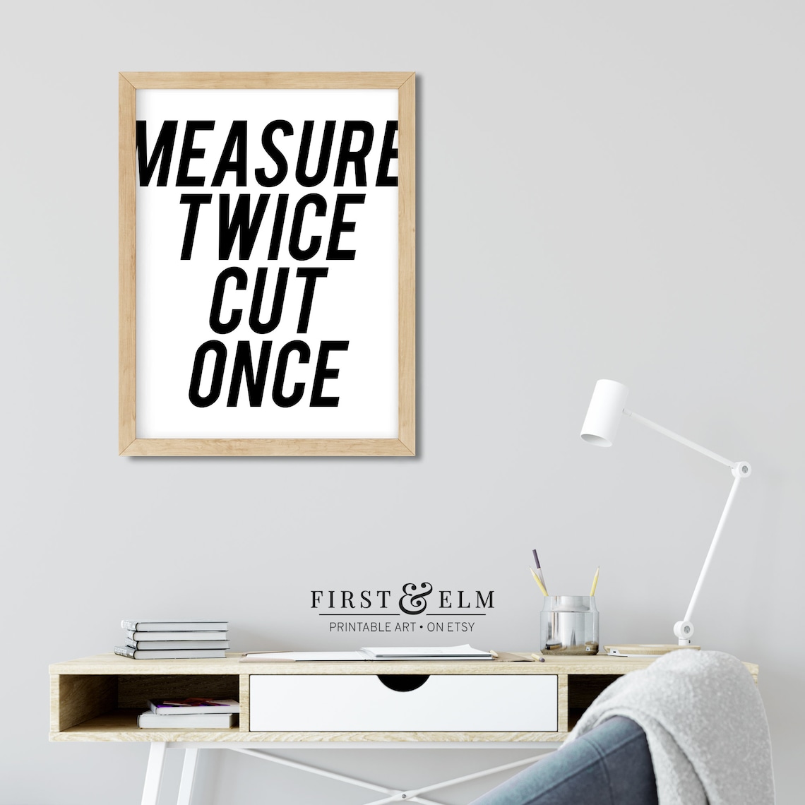 Measure Twice Cut Once Bold White on Black Workshop Craft Quote Poster - Image 2