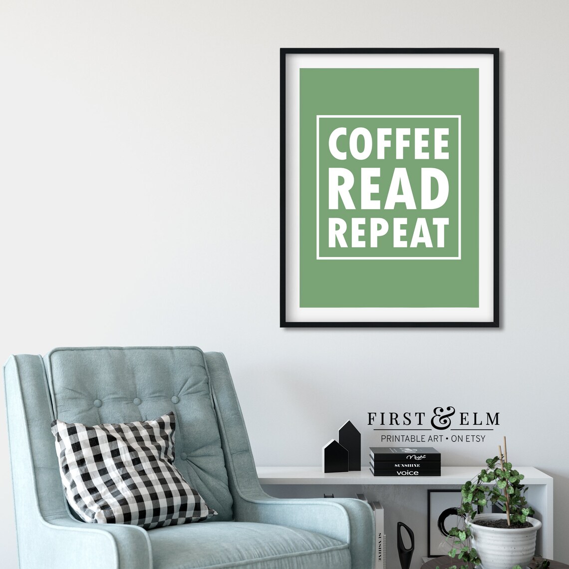 Coffee Read Repeat Book Lover Green Reading Nook Decor Art Print - Image 2
