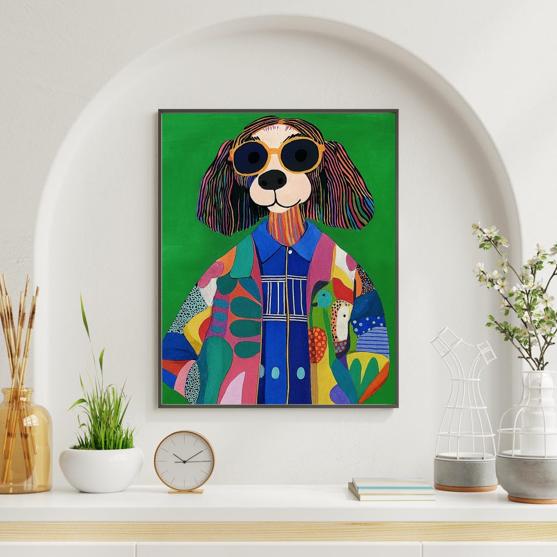 Funky Dog in Sunglasses Pop Art Portrait Colorful Jacket Poster