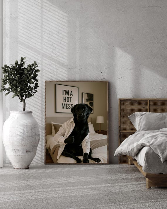 Funny Dog Bedroom Wall Art Black Lab In Shirt With Im A Hot Mess Quote Humorous Pet For Modern Decor