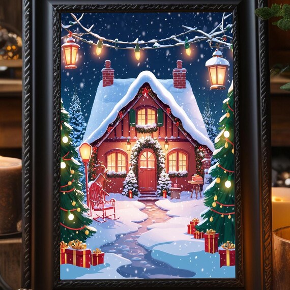 Cozy Christmas Cottage In Snow Whimsical Holiday Village Art Poster