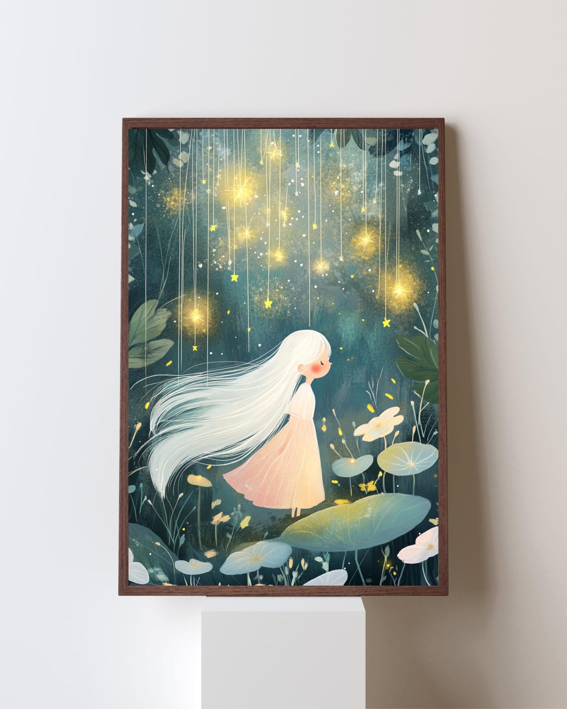Dreamy Starry Night Forest, Whimsical Girl Illustration