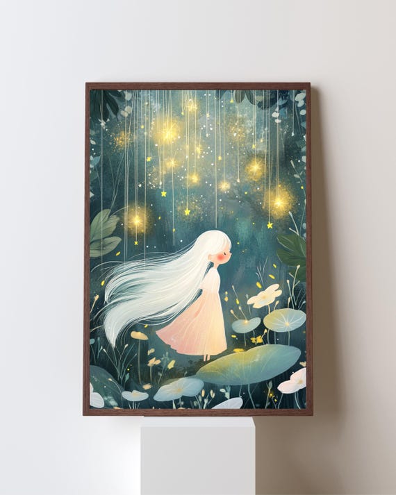 Dreamy Starry Night Forest, Whimsical Girl Illustration