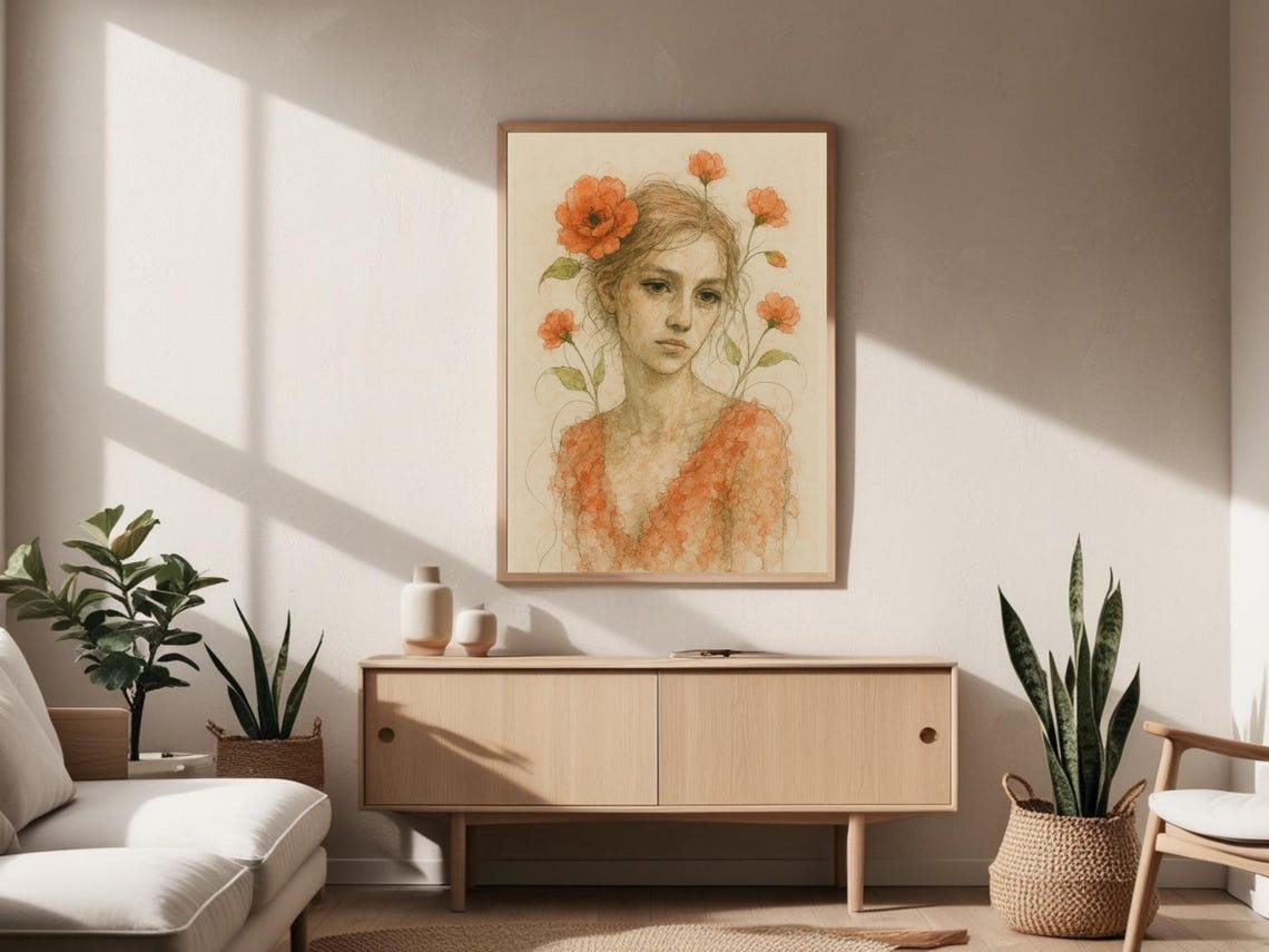 Poppy Flower Woman Portrait, Renaissance Style