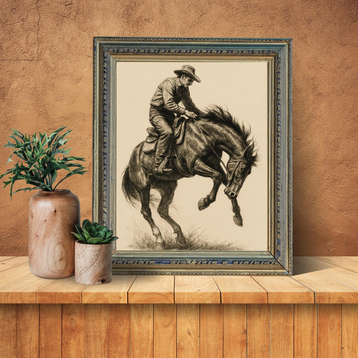 Western Cowboy Bronc Rider Sketch, Vintage Rodeo Art - Image 2
