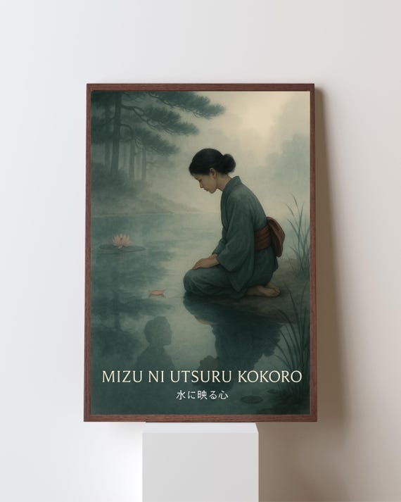 Mizu Ni Utsuru Kokoro Japandi Art Print, Wabi Sabi