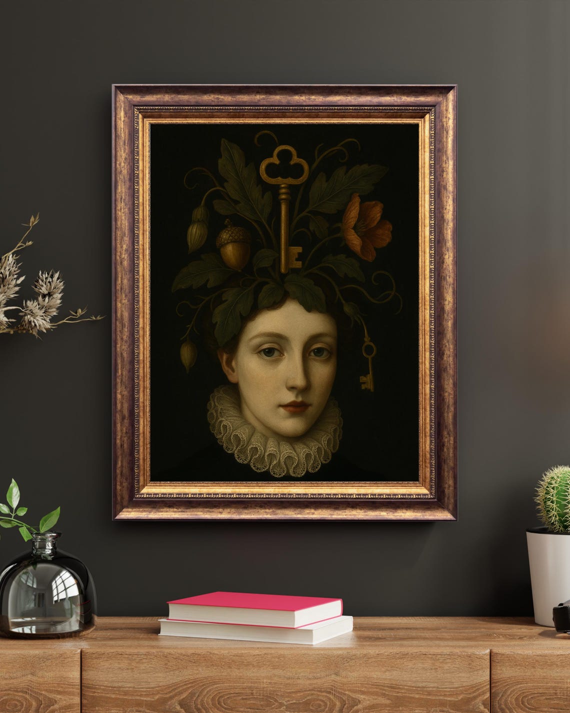 Surreal Woman Portrait - Vintage Keys, Botanical Headpiece - Image 3