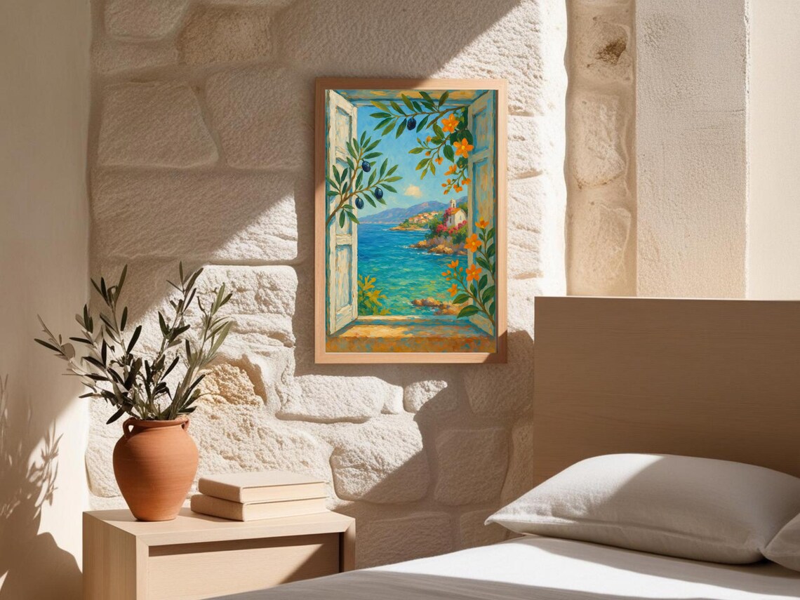 Mediterranean Window View, Coastal Olive Tree - Image 2