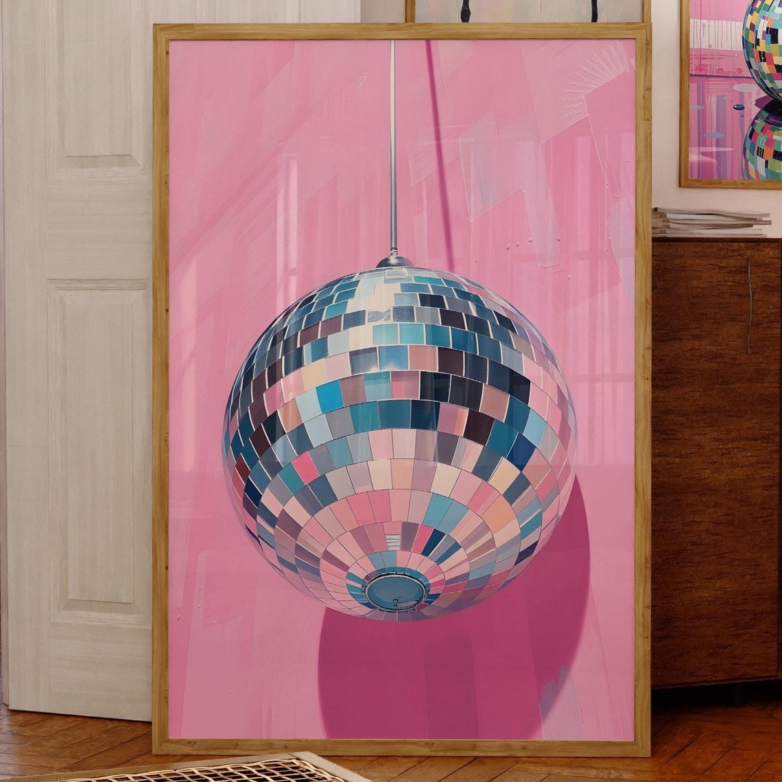 Disco Ball Wall Art Pink Background Decor Retro Modern Pop Art Print Vibrant Dance Party Artwork Playful Art