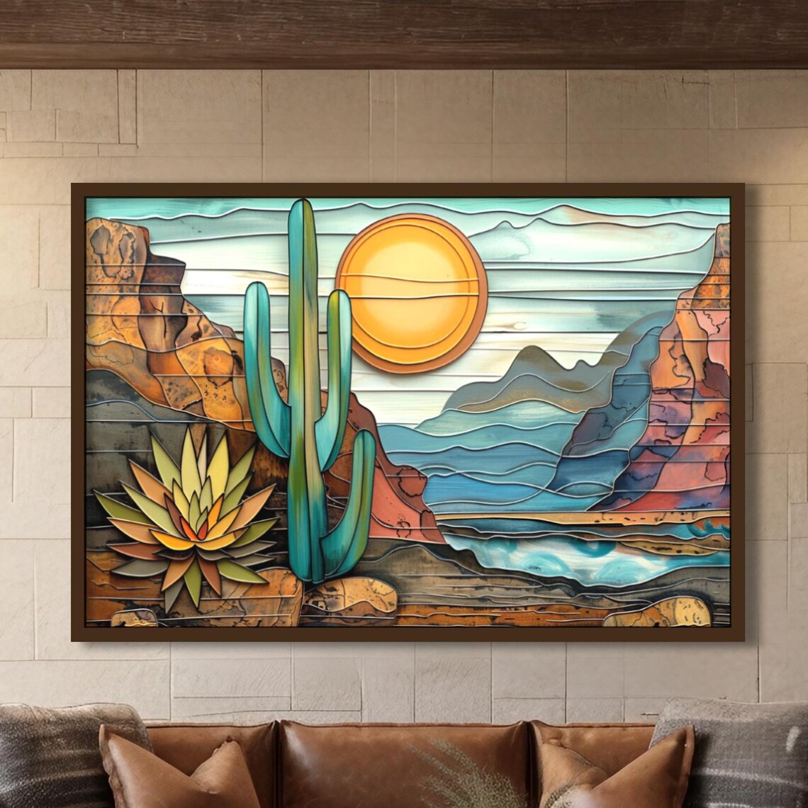 Southwest Desert Saguaro Cactus Sunset Mosaic Glass Landscape Poster