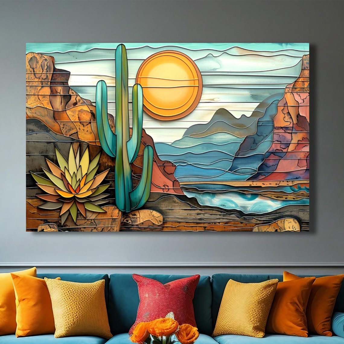 Southwest Desert Saguaro Cactus Sunset Mosaic Glass Landscape Poster - Image 4