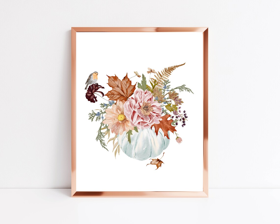 White Pumpkin Bouquet With Fall Flowers And Bird Watercolor Poster - Image 2