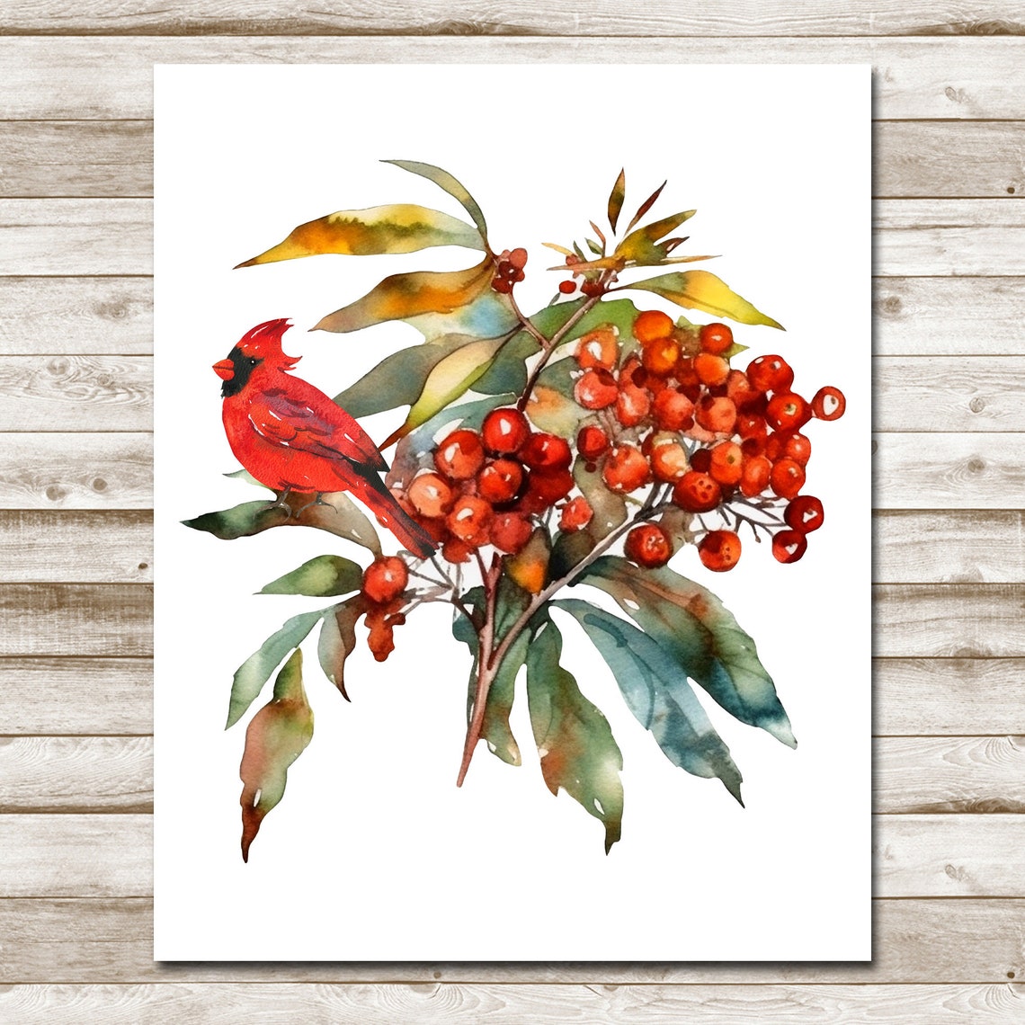 Red Cardinal On Winter Berry Branch Watercolor Bird Wall Art - Image 4