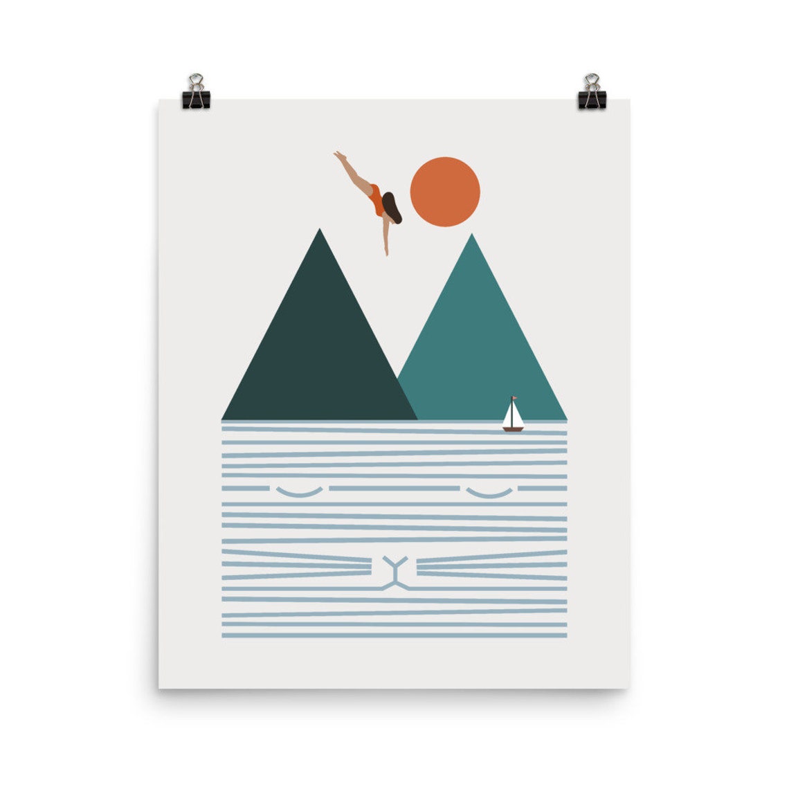 Minimalist Cat Landscape Hidden Face Diver Sun Geometric Art Poster