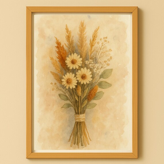 Daisy And Wheat Wildflower Bouquet Watercolor Warm Neutral Poster