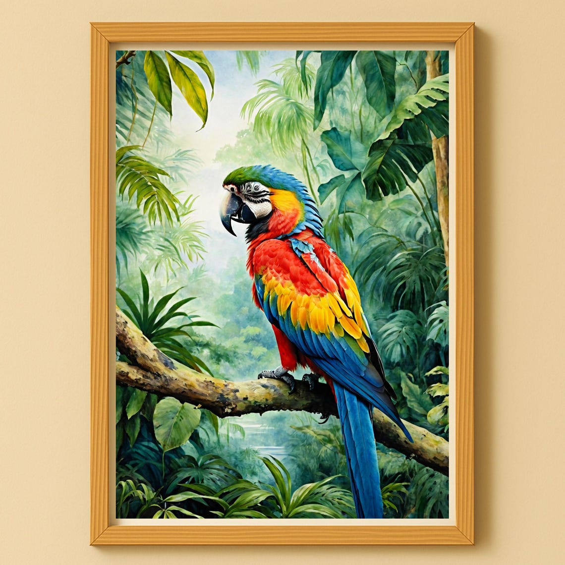 Macaw Wall Art Poster Picture Colorful Parrot In Jungle Watercolor Illustration Instant Image