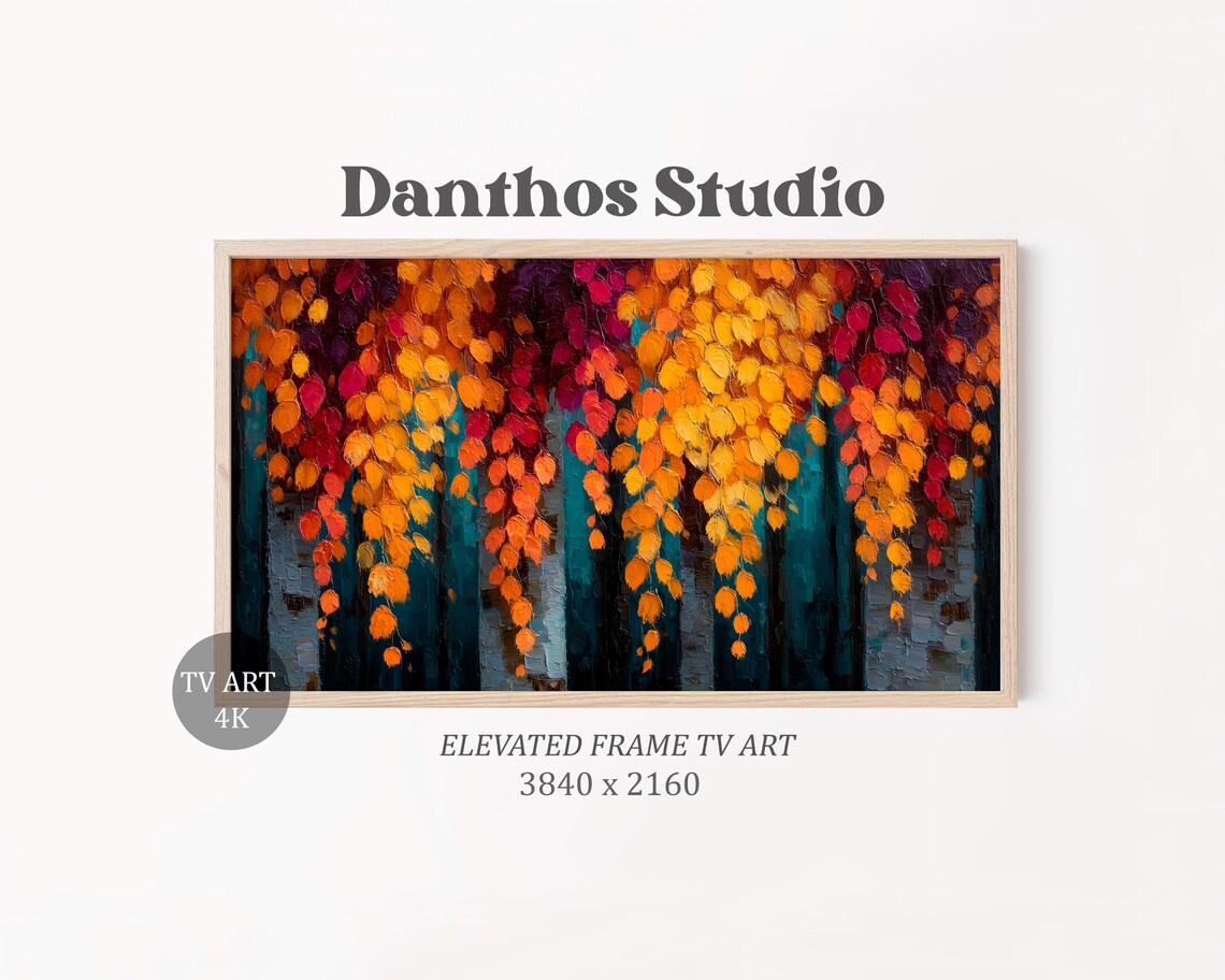 Abstract Autumn Canopy Impasto Red Gold Leaves Teal Forest Textured Print
