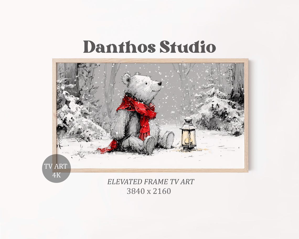 Festive Teddy Bear Snowy Forest Red Scarf Christmas Wall Art