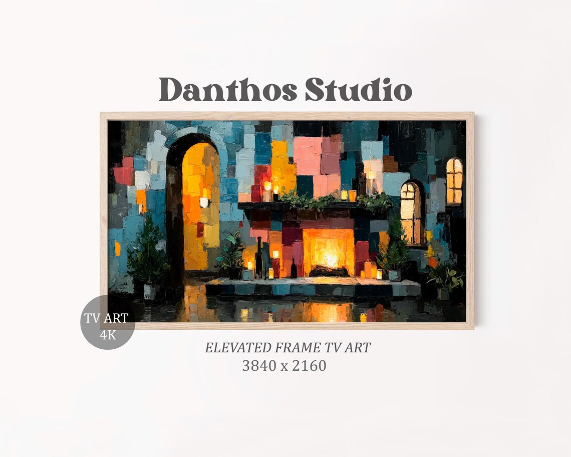 Cozy Cubist Christmas Fireplace Mantel Candlelight Holiday Wall Art