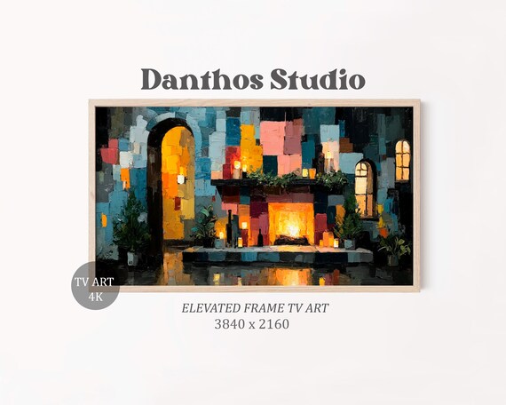 Cozy Cubist Christmas Fireplace Mantel Candlelight Holiday Wall Art
