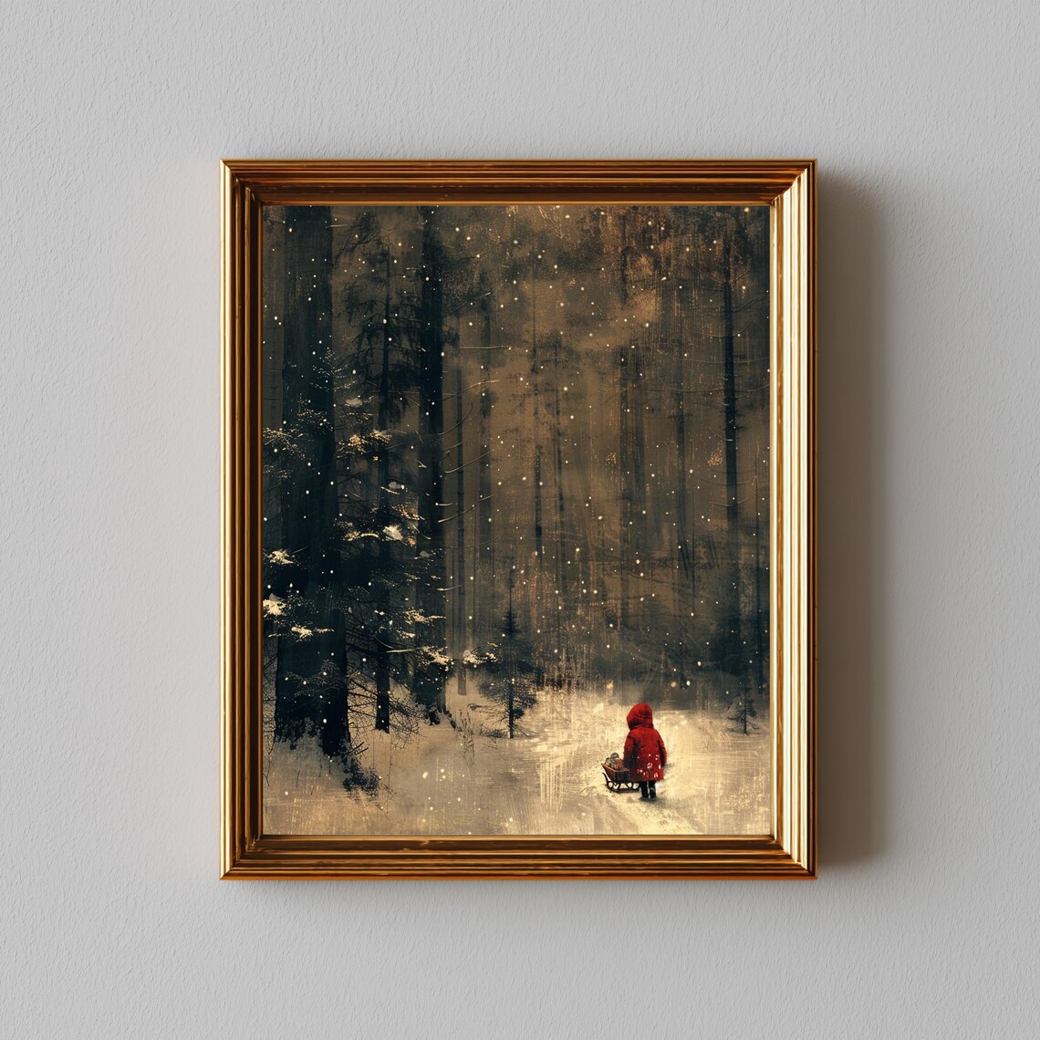 Child in Red Coat With Sled in Snowy Night Forest Vintage Winter Painting Poster