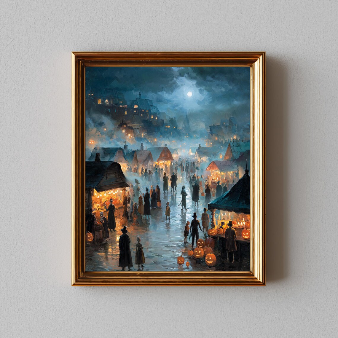 Eerie Moonlit Village, Spooky Night Market Art Print