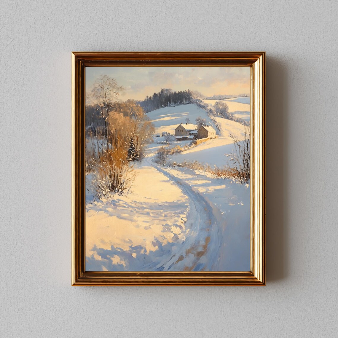 Winter Snowy Countryside Path to Farmhouse Oil Painting Poster