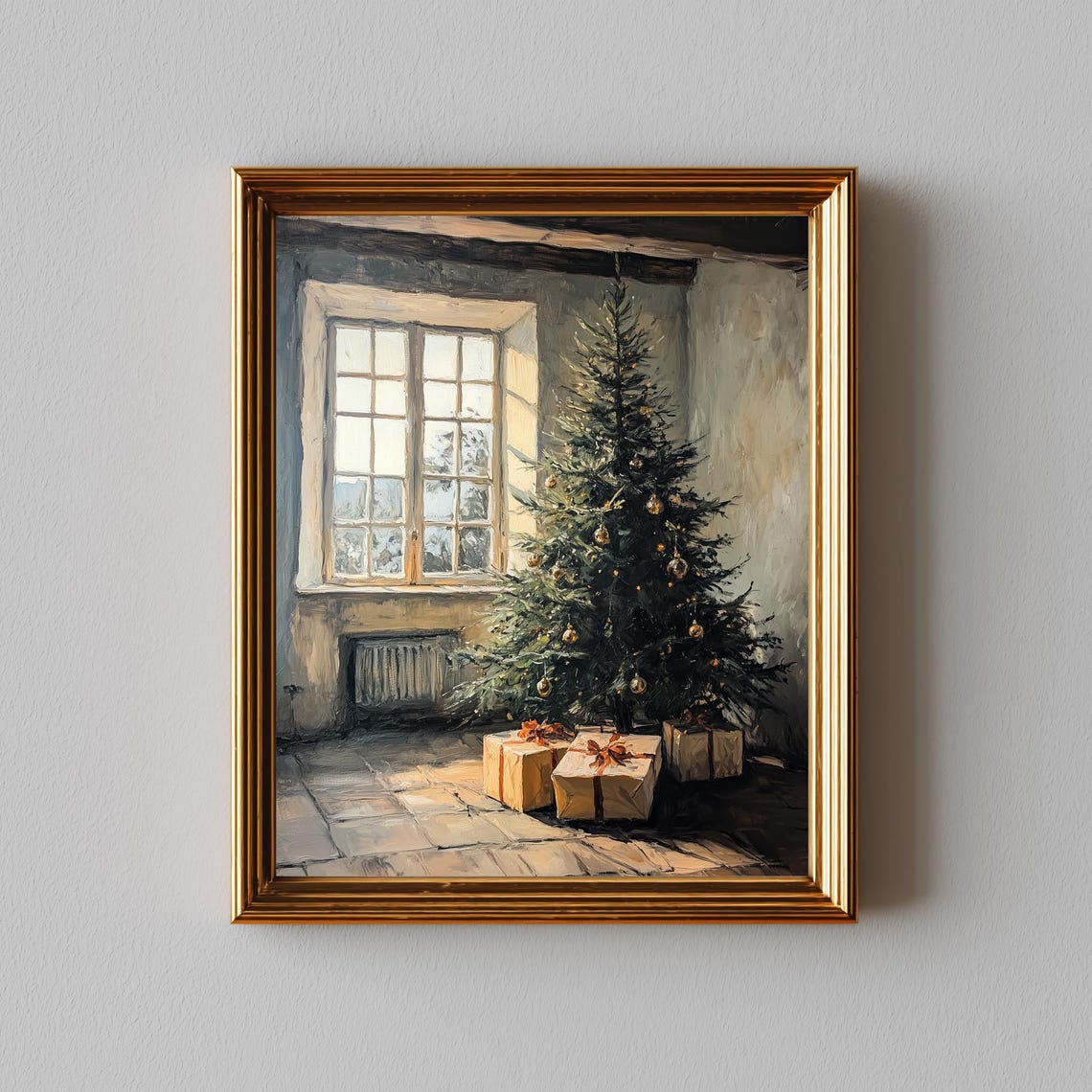 Christmas Tree by Window with Gifts Rustic Holiday Painting Poster