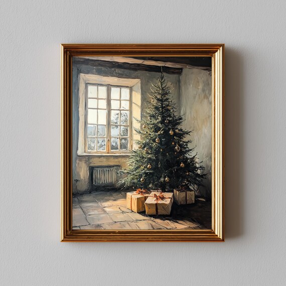 Christmas Tree by Window with Gifts Rustic Holiday Painting Poster