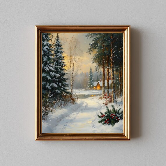 Snowy Forest Path Cabin Holly Branch Winter Wonderland Poster